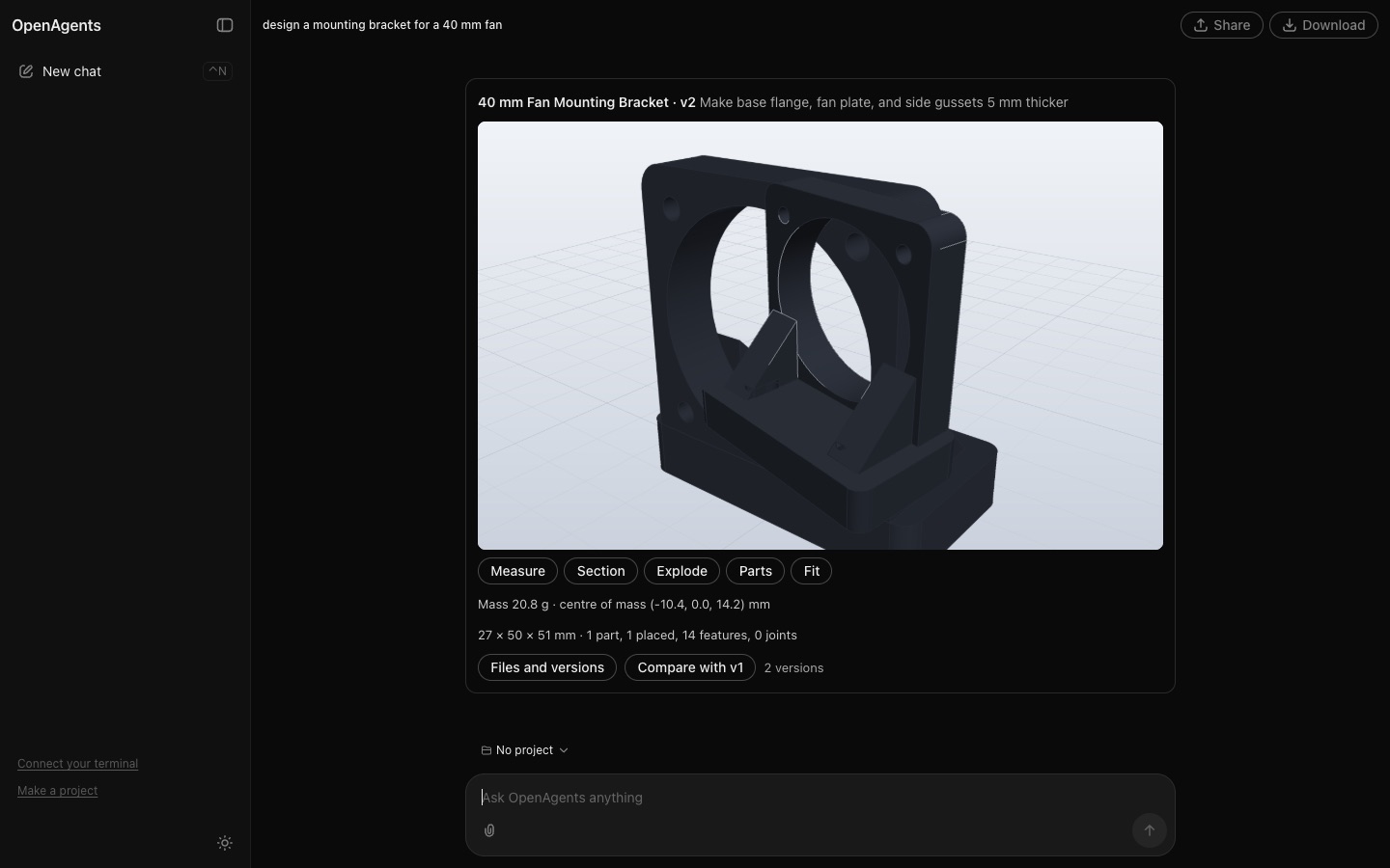 A fan mounting bracket designed in a chat on OpenAgents